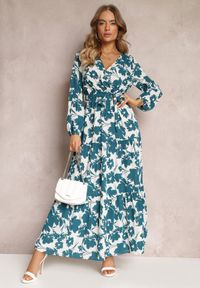 Renee - Zielona Sukienka Kharano. Kolor: zielony. Materiał: tkanina, materiał. Długość rękawa: długi rękaw. Wzór: kwiaty. Typ sukienki: kopertowe. Styl: klasyczny. Długość: midi