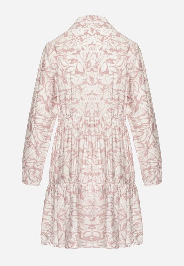 Born2be - Różowo-Biała Sukienka Mini Rozkloszowana Ozdobiona Motywem Liści z Falbanką Eralia. Kolor: różowy. Materiał: materiał. Wzór: aplikacja. Sezon: wiosna. Długość: mini