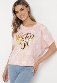Born2be - Różowy Bawełniany T-shirt z Rękawami Typu Nietoperz z Cyrkoniami i Nadrukiem Sevres. Kolor: różowy. Materiał: bawełna. Wzór: nadruk