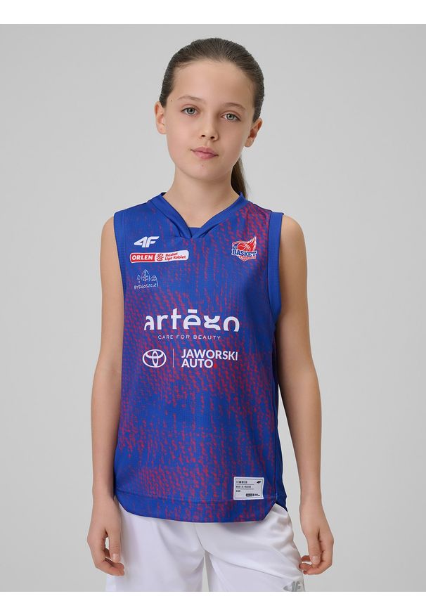 4f - 4F Koszulka meczowa replika wyjazdowa z sezonu 2025/26 dziecięca 4F x KS Basket 25 Bydgoszcz - granatowa 110/116. Kolor: niebieski. Materiał: materiał. Wzór: nadruk. Sezon: lato. Sport: fitness, koszykówka