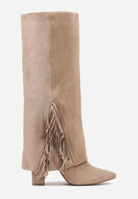 Born2be - Ciemnobeżowe Kozaki na Słupku z Wywiniętą Cholewką z Frędzlami Linadela. Okazja: do pracy, na co dzień, na spotkanie biznesowe. Kolor: beżowy. Materiał: satyna, jeans. Szerokość cholewki: normalna. Obcas: na słupku. Styl: klasyczny, casual, elegancki, biznesowy #4