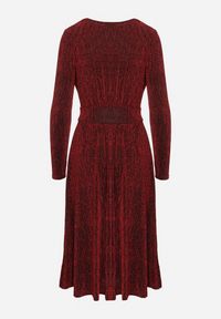 Born2be - Bordowa Taliowana Sukienka z Wiskozą o Rozkloszowanym Kroju Zdobiona Metaliczną Nicią Mesinae. Okazja: na spotkanie biznesowe, do pracy. Typ kołnierza: dekolt w kształcie V. Kolor: czerwony. Materiał: wiskoza. Długość rękawa: długi rękaw. Wzór: aplikacja. Typ sukienki: rozkloszowane. Styl: biznesowy, elegancki, glamour, wizytowy #6