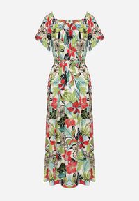 Born2be - Zielono-Różowa Sukienka z Wiskozy w Kwiaty Rozkloszowana Wiązana w Talii Quilbia. Okazja: na spacer, na plażę. Typ kołnierza: dekolt hiszpanka. Kolor: biały. Materiał: wiskoza. Długość rękawa: krótki rękaw. Wzór: kwiaty. Sezon: lato #5