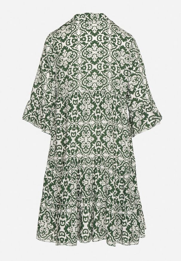 Born2be - Zielona Bawełniana Sukienka Rozkloszowana z Falbanką w Ornamentalny Wzór Laneloren. Kolor: zielony. Materiał: bawełna