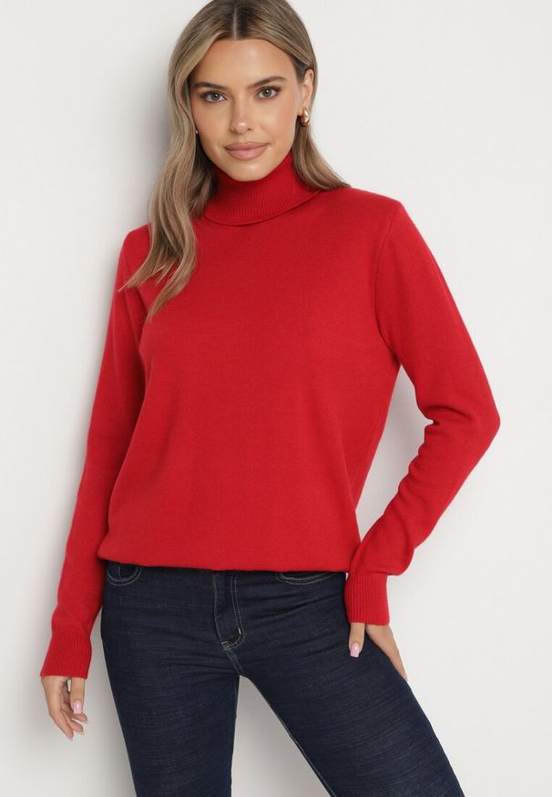 Born2be - Czerwony Klasyczny Golf z Wiskozą i Bawełną Lerella. Okazja: do pracy, na co dzień. Typ kołnierza: golf. Kolekcja: plus size. Kolor: czerwony. Materiał: wiskoza, bawełna. Styl: klasyczny