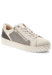 Beżowe Sneakersy Marco Tozzi Modne Obuwie Damskie. Okazja: na co dzień. Zapięcie: zamek. Kolor: beżowy. Materiał: materiał, syntetyk. Szerokość cholewki: normalna. Wzór: geometria #1
