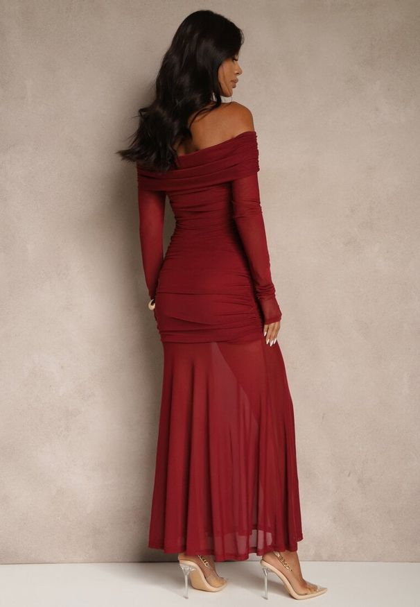 Renee - Bordowa Koktajlowa Sukienka z Prześwitującymi Rękawami i Marszczeniem Haludea. Okazja: na imprezę. Kolor: czerwony. Styl: wizytowy