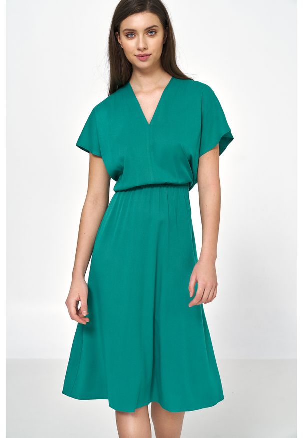 Nife - Wiskozowa Sukienka z Kimonowym Rękawem - Zielona. Kolor: zielony. Materiał: wiskoza