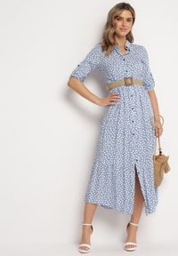 Born2be - Jasnoniebieska Koszulowa Sukienka Bawełniana Maxi w Kropki o Rozkloszowanym Kroju Lirtia. Kolor: niebieski. Materiał: bawełna. Wzór: kropki. Typ sukienki: koszulowe. Długość: maxi #5