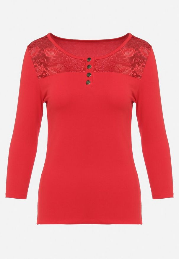 Born2be - Czerwona Bawełniana Bluzka z Ozdobnymi Napami i Wstawką z Koronki Betolia. Okazja: na co dzień. Kolor: czerwony. Materiał: bawełna, koronka. Wzór: koronka. Styl: casual, elegancki