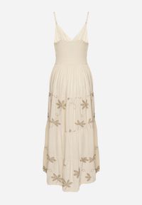 Born2be - Jasnobeżowa Sukienka Wiskozowa na Ramiączkach Ozdobiona Haftem Telanelis. Typ kołnierza: dekolt w kształcie V. Kolor: beżowy. Materiał: wiskoza. Długość rękawa: na ramiączkach. Wzór: aplikacja, haft #2