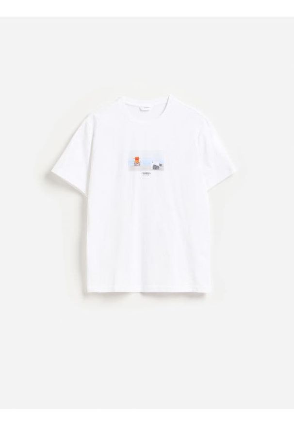 Reserved - T-shirt regular z nadrukiem - biały. Kolor: biały. Materiał: bawełna, dzianina. Wzór: nadruk