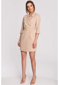 Stylove - Elegancka sukienka marynarkowa z paskiem beżowa. Okazja: na co dzień. Kolor: beżowy. Materiał: wiskoza, elastan, poliester. Typ sukienki: proste. Styl: elegancki #5