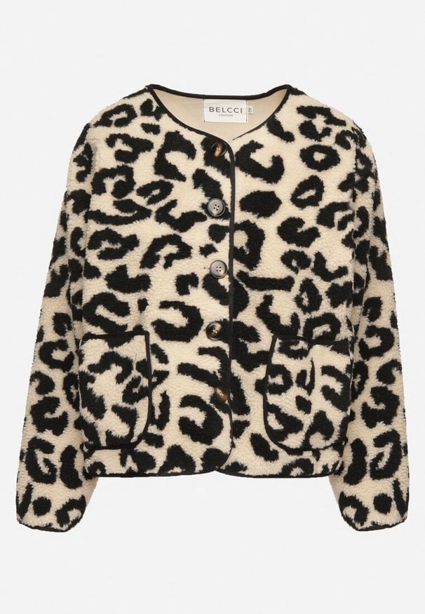 Born2be - Beżowa Panterkowa Futrzana Kurtka z Kieszeniami Sewilaine. Okazja: na co dzień. Kolor: beżowy. Materiał: futro. Styl: casual, elegancki