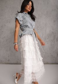 Renee - Jasnoniebieski Wiskozowo-Bawełniany Komplet Spódnica z Falbanami i Koszula z Wiązaniem Aethecea. Kolor: niebieski. Materiał: wiskoza, bawełna #1