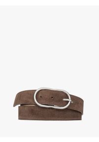 Ryłko - Brązowy welurowy pasek damski ze srebrną klamrą. Kolor: brązowy. Materiał: skóra, welur #1