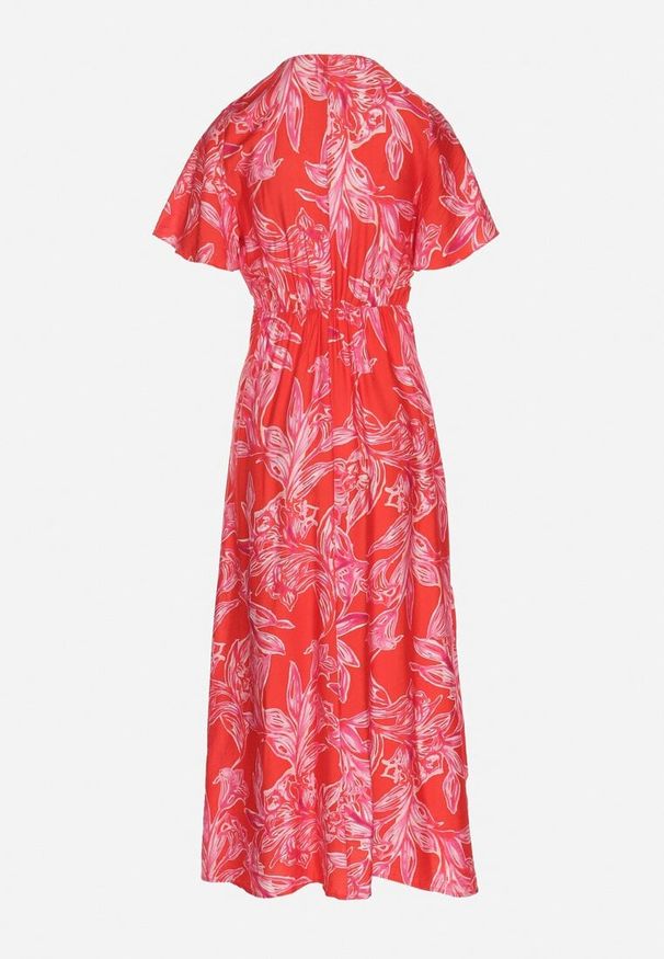 Born2be - Czerwona Sukienka z Wiskozy w Abstrakcyjny Wzór Lunalisa. Okazja: na co dzień. Kolor: czerwony. Materiał: wiskoza. Styl: klasyczny, elegancki, casual