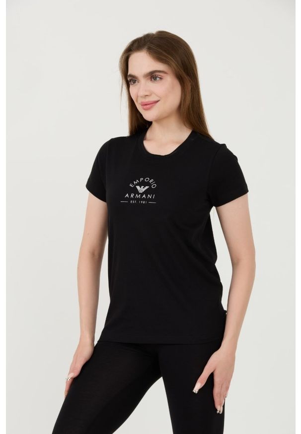 Emporio Armani - EMPORIO ARMANI Czarny damski t-shirt Uni Logo Printe, Rozmiar M. Kolor: czarny