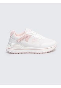 Big-Star - Sneakersy dziewczęce z różowymi wstawkami białe RR374067 101. Okazja: na co dzień. Kolor: biały. Materiał: materiał. Wzór: aplikacja. Sport: turystyka piesza