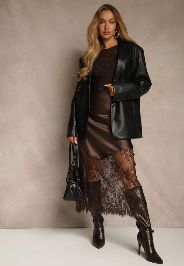 Renee - Brązowa Koktajlowa Spódnica z Satyny z Koronką Avelori. Kolor: brązowy. Materiał: satyna, koronka. Wzór: koronka. Styl: wizytowy