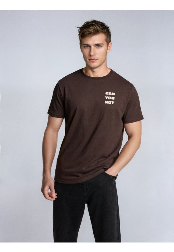Sinsay - Bawełniana koszulka z napisem - brązowy. Kolor: brązowy. Materiał: bawełna. Wzór: napisy