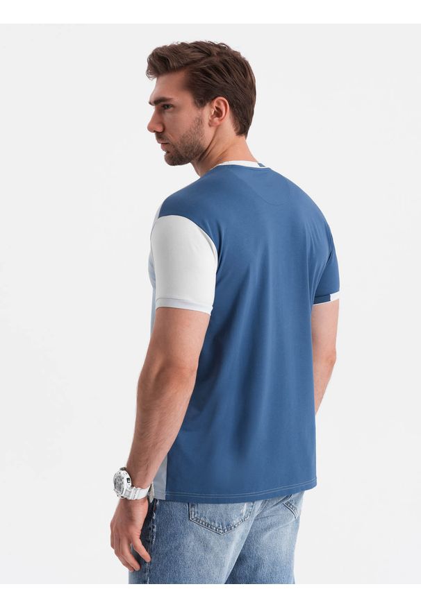 Ombre Clothing - Męski t-shirt z elastanem z kolorowymi rękawami - niebieski V2 OM-TSCT-0176 - L. Okazja: na co dzień. Kolor: niebieski. Materiał: elastan. Wzór: kolorowy. Styl: klasyczny, casual