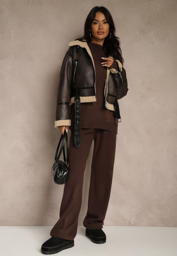 Renee - Brązowy Komplet Oversize z Dzianiny z Wełną Sweter i Szerokie Spodnie Alenria. Kolor: brązowy. Materiał: dzianina, wełna