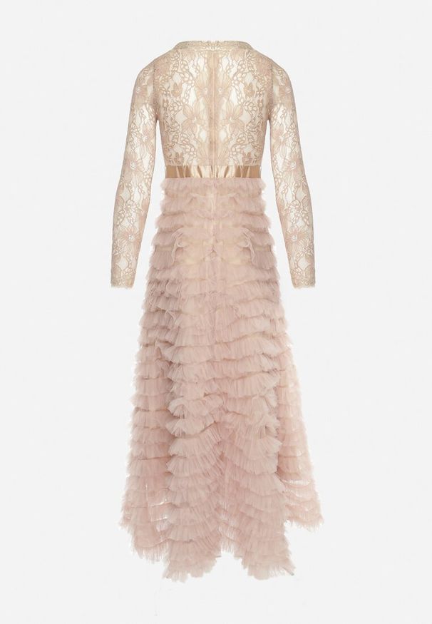 Born2be - Beżowa Maxi Sukienka Rozkloszowana z Koronkową Górą i Tiulowymi Falbankami Firina. Typ kołnierza: kołnierz z falbankami. Kolor: beżowy. Materiał: tiul, koronka. Długość: maxi