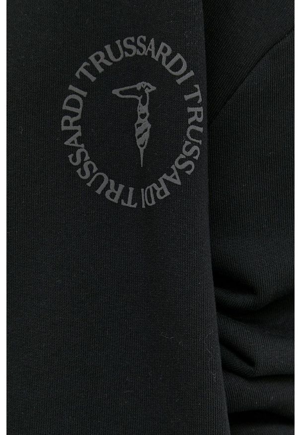 Trussardi Jeans - Trussardi bluza bawełniana damska kolor czarny z kapturem gładka. Typ kołnierza: kaptur. Kolor: czarny. Materiał: bawełna. Wzór: gładki