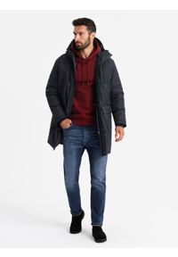 Ombre Clothing - Klasyczna długa męska kurtka typu parka – czarna V6 - Rozmiar: S. Typ kołnierza: kaptur. Kolor: czarny. Materiał: guma, syntetyk, poliester, materiał. Długość: długie. Wzór: gładki, aplikacja. Styl: klasyczny #5
