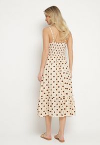 Born2be - Beżowa Wiskozowa Sukienka w Kropki na Ramiączkach Zapinana na Guziki Katilane. Okazja: na co dzień. Typ kołnierza: dekolt w serek. Kolor: beżowy. Materiał: wiskoza. Długość rękawa: na ramiączkach. Wzór: kropki. Sezon: wiosna, lato. Styl: casual, elegancki, klasyczny #7