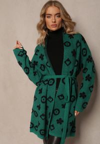 Renee - Zielony Kardigan z Wiązanym Paskiem Ozdobiony Wzorem w Kwiaty Timonen. Kolor: zielony. Materiał: dzianina, materiał, tkanina. Wzór: aplikacja, kwiaty #5
