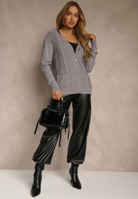 Renee - Szary Kardigan z Bawełną i Tłoczonym Wzorem Reisina. Okazja: na co dzień. Kolor: szary. Materiał: bawełna. Styl: casual, elegancki #4