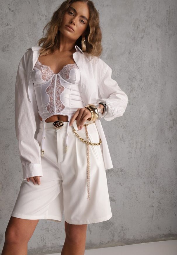 Renee - Białe Szorty Bermudy Eleganckie z Paskiem High Waist Rhodissa. Okazja: na co dzień. Stan: podwyższony. Kolor: biały. Materiał: materiał. Styl: elegancki