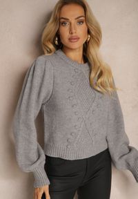 Renee - Szary Sweter z Wiskozy Ozdobiony Tłoczeniem Harizia. Okazja: na co dzień. Kolor: szary. Materiał: wiskoza. Wzór: aplikacja. Sezon: jesień, zima. Styl: casual, elegancki #3