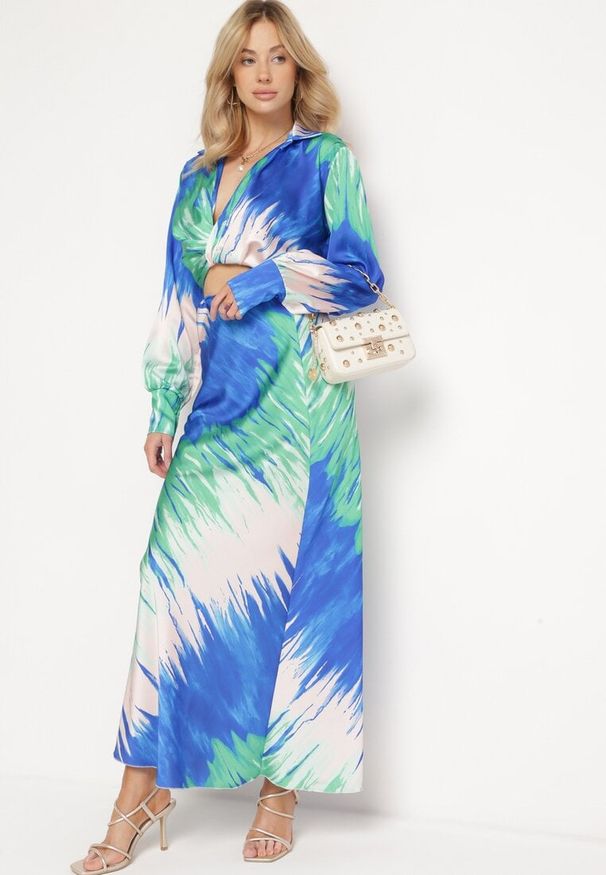 Born2be - Zielono-Granatowy Letni Komplet Krótka Koszula z Przeplatanym Dekoltem Spódnica z Gumką w Pasie Wedna. Kolor: zielony