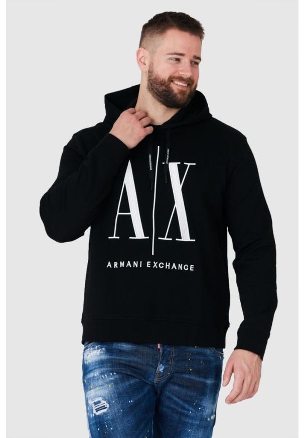 Armani Exchange - ARMANI EXCHANGE Czarna bluza męska z kapturem i wyszywanym logo. Typ kołnierza: kaptur. Kolor: czarny