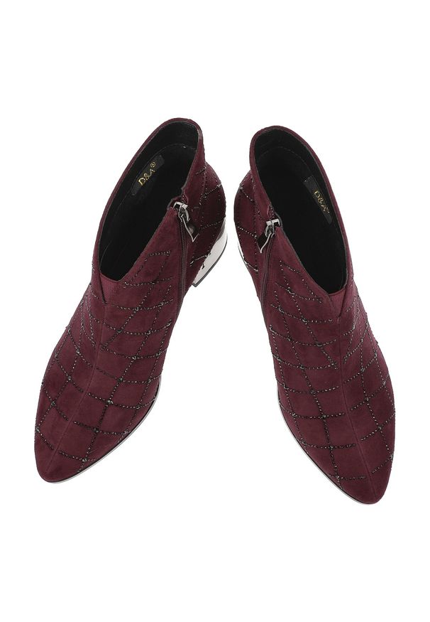 Bordowe Botki S.Barski Stylowe Buty Damskie. Zapięcie: zamek. Kolor: czerwony. Materiał: zamsz. Wzór: kratka, aplikacja. Obcas: na obcasie. Styl: elegancki. Wysokość obcasa: średni