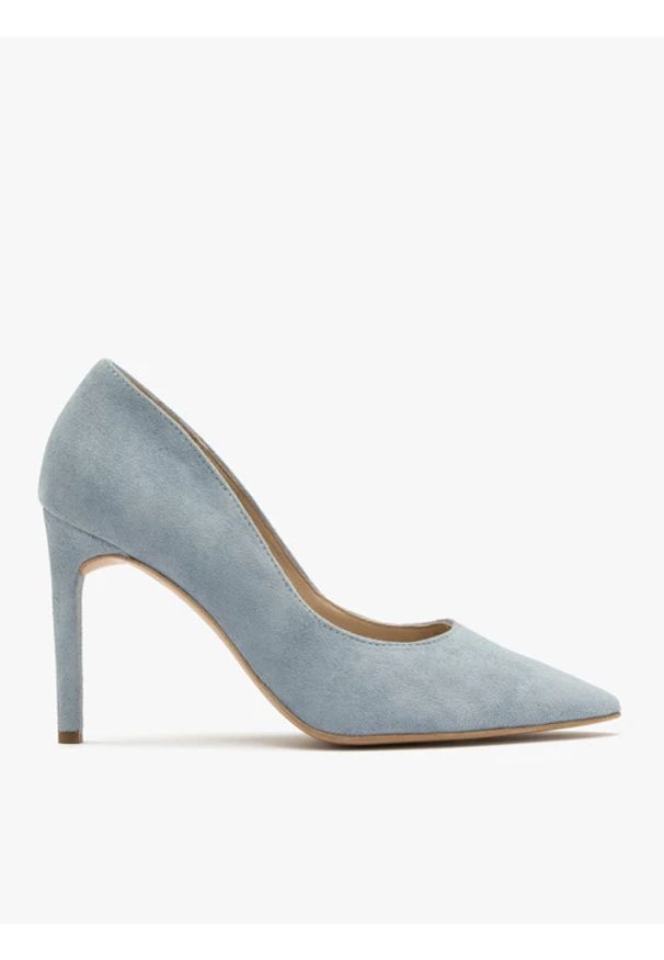 Ryłko - Niebieskie czółenka na wysokim obcasie. Kolor: niebieski. Materiał: skóra, welur. Obcas: na obcasie. Styl: street. Wysokość obcasa: wysoki
