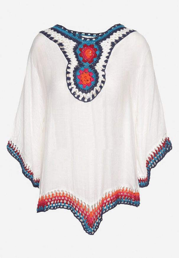 Born2be - Biała Boho Bluzka Narzutka z Rękawem 3/4 Dimette. Okazja: na co dzień. Typ kołnierza: dekolt w kształcie V. Kolor: biały. Materiał: jeans. Wzór: aplikacja, kolorowy, haft. Styl: boho