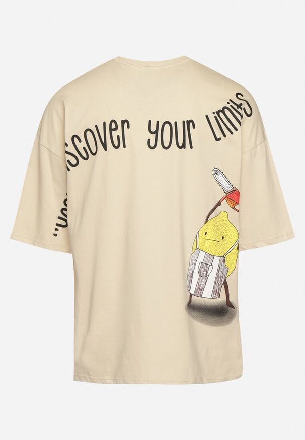 Born2be - Jasnobeżowa Bawełniana Koszulka T-shirt z Krótkim Rękawem z Nadrukiem na Plecach i Przodzie Civia. Okazja: do pracy, na co dzień, na spotkanie biznesowe. Kolor: beżowy. Materiał: bawełna. Długość rękawa: krótki rękaw. Długość: krótkie. Wzór: nadruk. Styl: casual, klasyczny, biznesowy