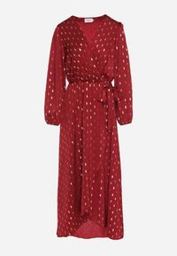 Born2be - Bordowa Kopertowa Sukienka z Wiązaniem w Pasie i Metalicznym Nadrukiem Reisana. Okazja: na co dzień. Typ kołnierza: dekolt w serek. Kolor: czerwony. Wzór: nadruk. Typ sukienki: kopertowe. Styl: casual, elegancki, klasyczny #3