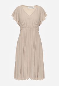 Renee - Beżowa Rozkloszowana Sukienka z Plisami i Dekoltem w V Rissari. Okazja: na imprezę. Typ kołnierza: dekolt w kształcie V. Kolor: beżowy. Materiał: skóra. Długość rękawa: krótki rękaw #4