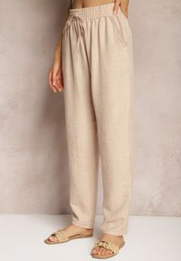 Renee - Beżowe Spodnie z Troczkiem w Pasie i Kieszeniami Ufalia. Okazja: na co dzień. Kolor: beżowy. Materiał: materiał. Styl: elegancki, casual #3