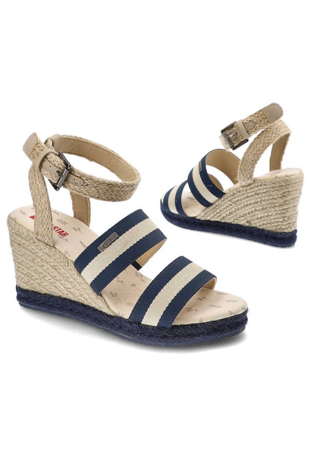 Big-Star - Beżowe Sandały Big Star Stylowe Espadryle Damskie. Okazja: na spacer. Zapięcie: pasek. Kolor: beżowy. Szerokość cholewki: normalna. Wzór: aplikacja. Materiał: materiał. Sezon: lato. Obcas: na koturnie. Styl: elegancki