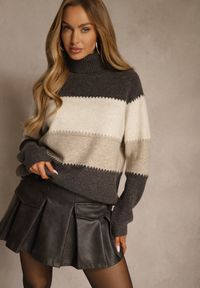 Renee - Brązowy Oversizowy Golf z Dodatkiem Kaszmiru w Szerokie Paski Nemeana. Typ kołnierza: golf. Kolor: brązowy. Materiał: kaszmir. Wzór: paski. Styl: elegancki #1