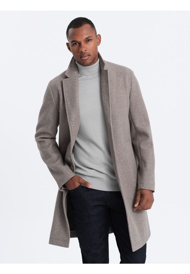 Ombre Clothing - Męski lekki płaszcz jednorzędowy - jasnobrązowy V4. Kolor: brązowy. Materiał: poliester, materiał. Wzór: melanż