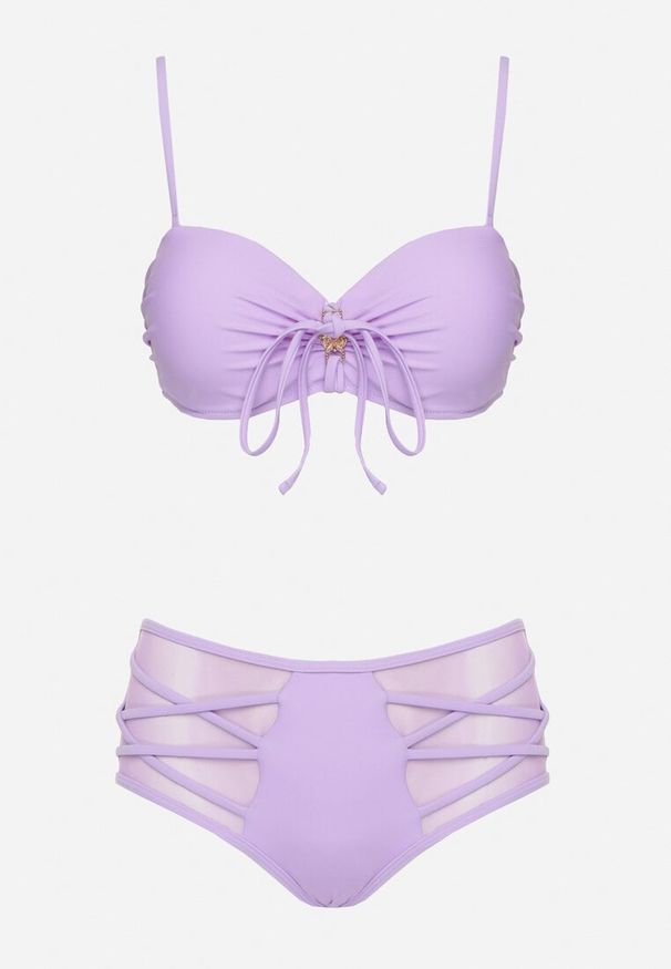 Renee - Fioletowe Bikini Biustonosz i Majtki Figi High Waist z Siateczkowymi Zdobieniami Kinovia. Stan: podwyższony. Kolor: fioletowy. Wzór: aplikacja