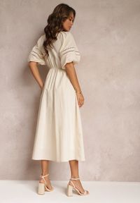 Renee - Beżowa Rozkloszowana Sukienka Maxi z Ażurowymi Wstawkami z Lnem i Bawełną Camya. Okazja: na co dzień. Kolor: beżowy. Materiał: len, bawełna. Wzór: ażurowy. Styl: elegancki, casual. Długość: maxi #4