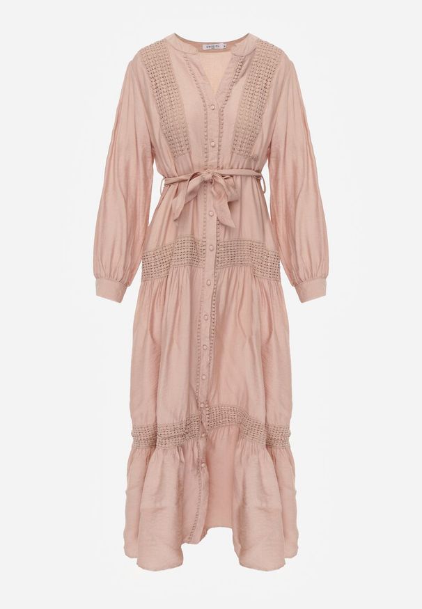 Renee - Jasnoróżowa Wiskozowa Sukienka o Rozkloszowanym Kroju z Wiązanym Paskiem i Koronką Reisavien. Okazja: na spacer, na co dzień. Typ kołnierza: dekolt w serek. Kolor: różowy. Materiał: wiskoza, koronka. Wzór: koronka. Typ sukienki: rozkloszowane. Styl: casual, elegancki